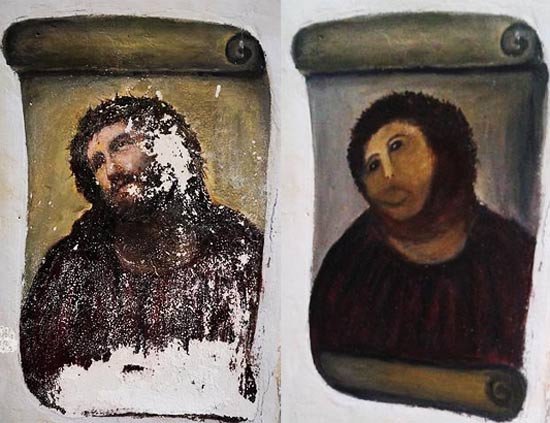 Antes y después de la "restauración" del Ecce Homo llevada a cabo por la anciana.