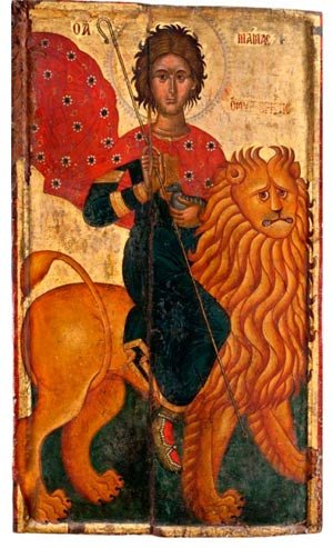 San Mamés cabalgando un león. Icono de la primera mitad del siglo XVI. Museo Bizantino de Pafos. © Paphos, musée byzantin.