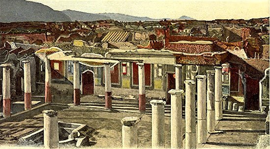 Postal con una vista de las ruinas de la ciudad de Pompeya
