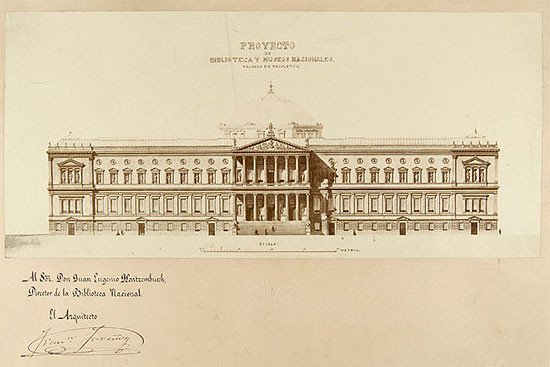 Alzado al paseo de Recoletos del proyecto de Francisco Jareño para el Palacio de Biblioteca y Museos Nacionales aprobado en 1865.Madrid, BNE. 17/186/23.
