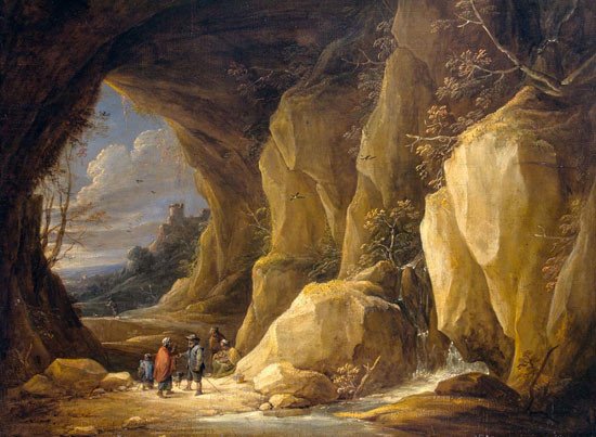 David Teniers ii. Paisaje con cueva y un grupo de gitanos. 1640