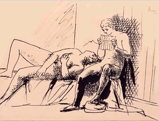 Pablo Picasso (Colec. Leandro Navarro). Femme nue couchée sur la dos et jeune homme à la flûte de Pan, 1923. Lápiz, pincel y tinta china sobre papel