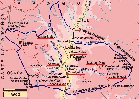Mapa del Rincón de Ademuz, con Casas Bajas (Cases Baixes) en la zona sur del territorio comarcar.