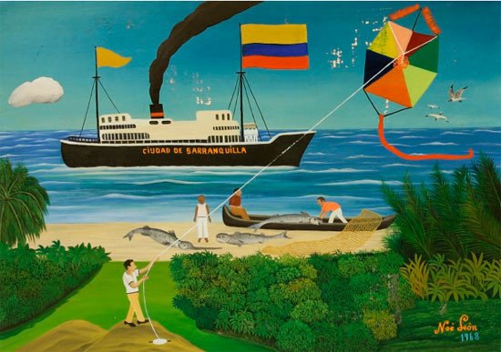 Noé León. Barco ciudad de Barranquilla con cometa, 1968. Lienzo adherido a madera. 60,4 x 85,4 cm. Colección de Arte Banco de la República.