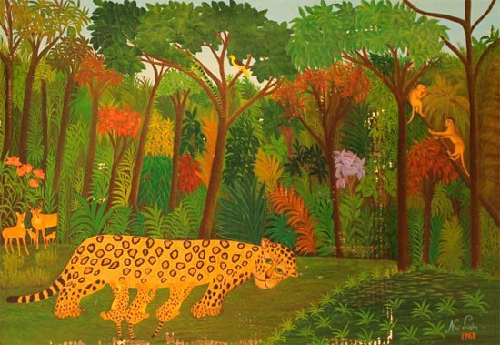 Noé León. Selva con tigre, 1968. Pintura sobre cartón. 60 x 85,3 cm. Colección de Arte Banco de la República.