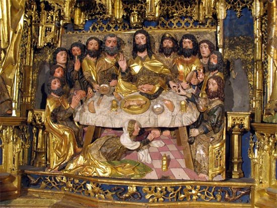 Cristo y los apóstoles,ante un cochinillo asado. Retablo gótico de la Cartuja de Miraflores, Burgos. España. Imagen de guiarte.com