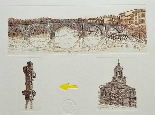 Una página del grabador José Holguera, de la carpeta Navarra, dedicada a Puente la Reina. Guiarte.com