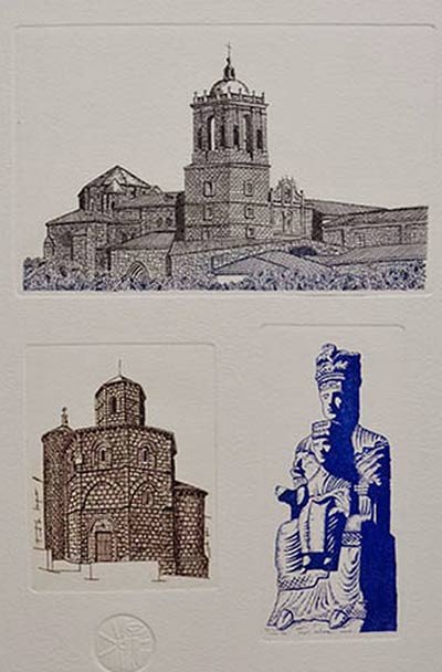 El monasterio de Irache y la iglesia del santo Sepulcro, en una de las páginas de la carpeta dedicada a Navarra por José Holguera. Guiarte.com