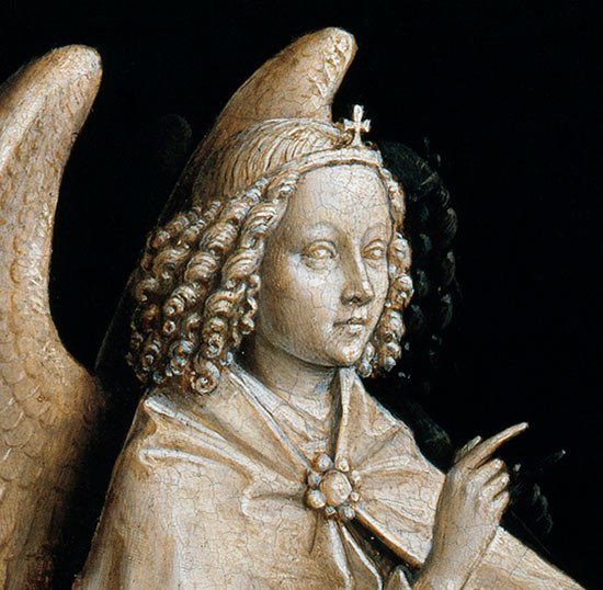 Jan van Eyck. Diptico de la anunciación. detalle de san Gabriel. Museo Thyssen-Bornemisza. Madrid