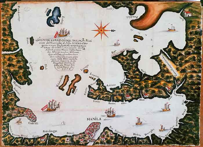 Exposición sobre el V centenario del descubrimiento del Pacífico. Mapa del entorno de Manila.