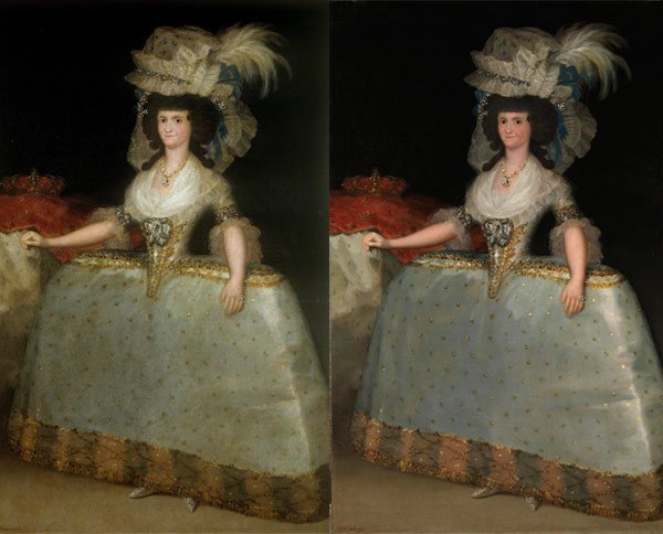 María Luisa de Parma con tontillo (antes y después de la restauración) Francisco de Goya. 1789