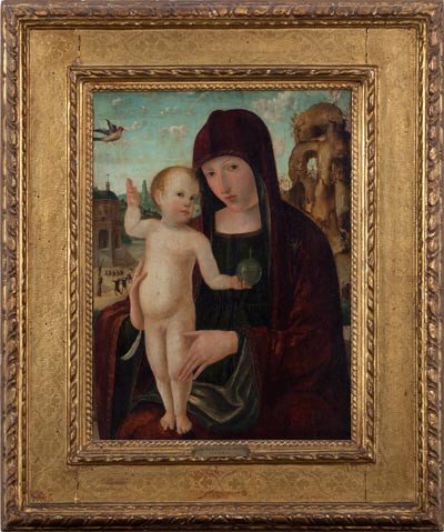 Madonna y niño (ca. 1497). Giovanni Francesco Maineri. Pintura, óleo sobre tela.Colección de Arte del Banco de la República