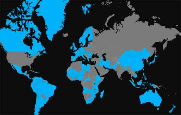 En azul, países firmantes de la convención que limita el uso del mercurio.Minamata Convention on Mercury