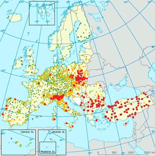 Exposicion a partículas PM10. En rojo oscuro los mayores niveles, en verde ocuro los menores.Agencia Europea de Medio Ambiente