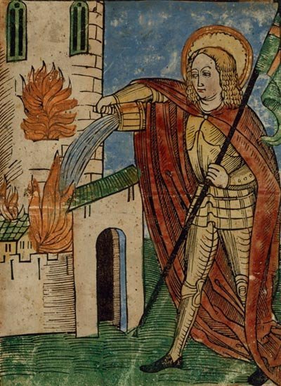San Florian extinguiendo un incendio.  Bibliothèque nationale de France