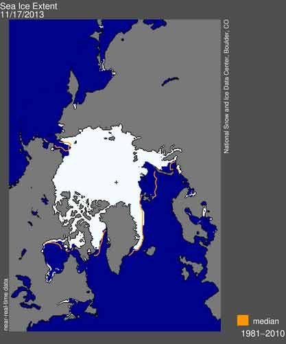 La extensión del hielo ártico, al 17-11-2013, según el U.S. National Snow and Ice Data Center 