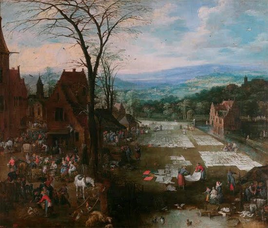 Mercado y lavadero en Flandes. Jan Brueghel el Viejo y Joos de Momper el Joven. 1621-22