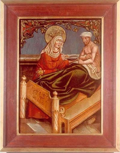 Anónimo. Santa Isabel de Turingia alimenta un enfermo; hacia 1500. En el Museo de la catedral de wurzburgo. Imagen www.museum-am-dom
