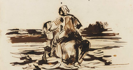 Caballero árabe atravesando un vado. Eugène Delacroix.