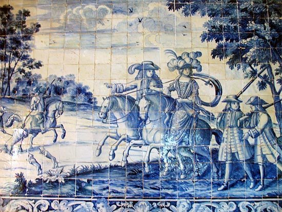 Azulejos portugueses representando una escena de caza en el Palacio Nacional. Foto Guiarte.com Copyright.