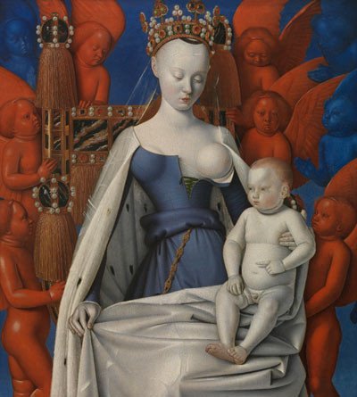 La Virgen con el Niño y ángeles, Jean Fouquet, Óleo sobre tabla., 94,5 x 85,5 cm, h. 1452, Amberes, Koninklijk Museum voor Schone Kunsten