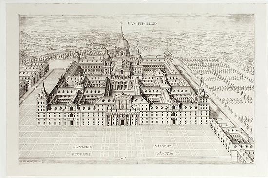 Perspectiva general del Monasterio de San Lorenzo del Escorial. Pedro Perret según Juan de Herrera. Talla dulce (buril sobre aguafuerte). Inventario de 1621: 