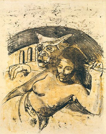 Paul Gauguin. Tahitian Woman with Evil Spirit. c. 1900. Oil transfer drawing. Private collection