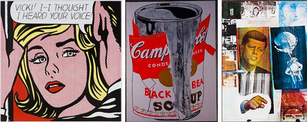 R. Lichtenstein. Vicki! I--I Thought I Heard Your Voice!, 1964. A. Warhol. Gran lata de sopa Campbell rasgada (frijoles negros), 1962. R. Rauschenberg. Retroactivo II, 1963.