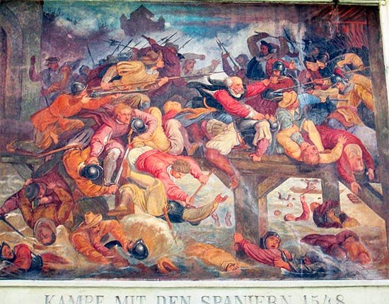 La toma de Constanza por las tropas españolas en 1548  representada en un mural del ayuntamiento de Constanza.  Imagen de Guiarte.com