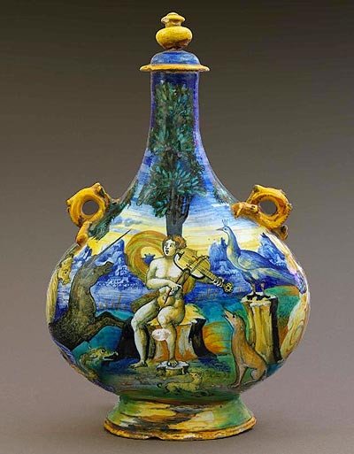 Botella de peregrino (Orfeo). Urbino, hacia 1540.