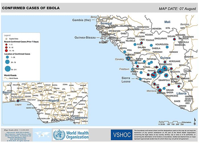 Mapa de la distribución del virus del Ebola. OMS.
