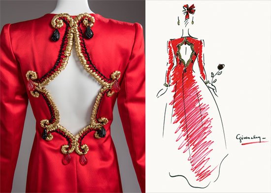 Vestido de satén rojo rubí con espalda sobrebordada. Hubert de Givenchy