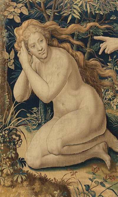 Detail of Eve, from God Accuses Adam and Eve after the Fall tapestry in a set of The Story of Creation. Pieter Coecke van Aelst. 1548