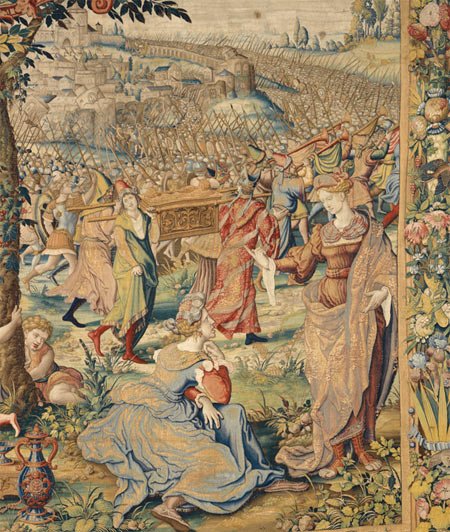 Detail, The Fall of Jericho and Sparing of Rahab tapestry in a set of the Story of Joshua. Pieter Coecke van Aelst. 1538.
