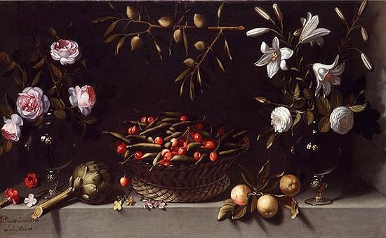 Bodegón con cesta de guisantes y cerezas flanqueado por dos jarrones de cristal con rosas. Juan van der Hamen