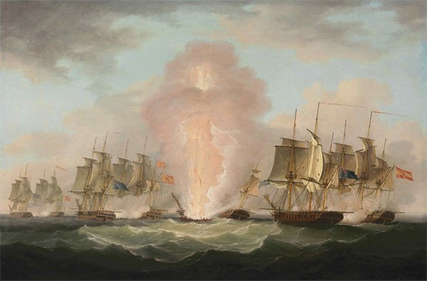 La explosión de la fragata española Nuestra Señora de las Mercedes en el combate del Cabo Santa María, el 5 de octubre de 1804. Francis Sartorius, 1807