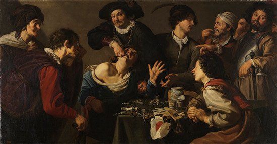 Theodoor Rombouts. El charlatán sacamuelas, 1620-1625. Óleo sobre lienzo. Museo Nacional del Prado