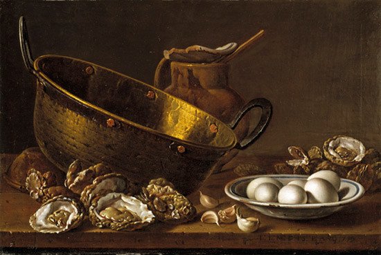 Luis Egidio Meléndez. Bodegón con ostras, ajos, huevos, perol y puchero, 1772. Óleo sobre lienzo. Museo Nacional del Prado