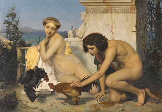 Jean-Léon Gérôme. Jóvenes griegos poniendo dos gallos a pelear. La pelea de gallos, 1846