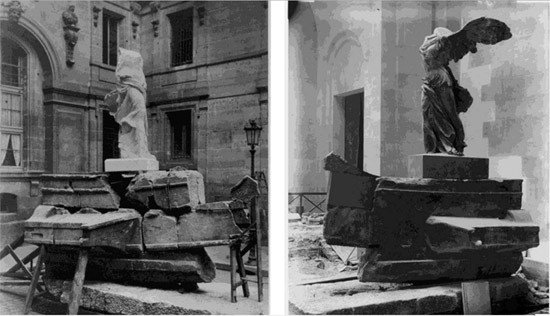 Trabajos de montaje de la Victoria en 1879 (sin las alas) y 1932. Imágenes Musée du Louvre