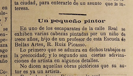 Crítica de El Diario de Galicia sobre la primera exposición de Picasso. 1895