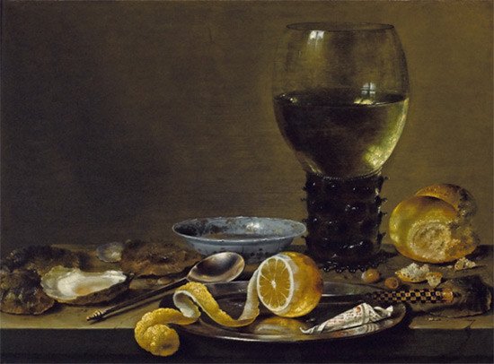 Willem Heda, Bodegón con copa Römer, panecillo y limón c 1640-43. Colección particular