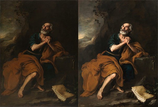 San Pedro penitente de los Venerables (antes y después de la restauración). Bartolomé Esteban Murillo. h. 1675