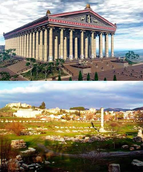 El ayer (reconstrucción ideal) y  el hoy del templo de Artemisa de Éfeso. Imágenes del Dosier de inscripción de Éfeso como Patrimonio Mundial de la UNESCO