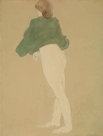 Auguste Rodin. Femme de dos, relevant son châle vert à la taille. 1900.