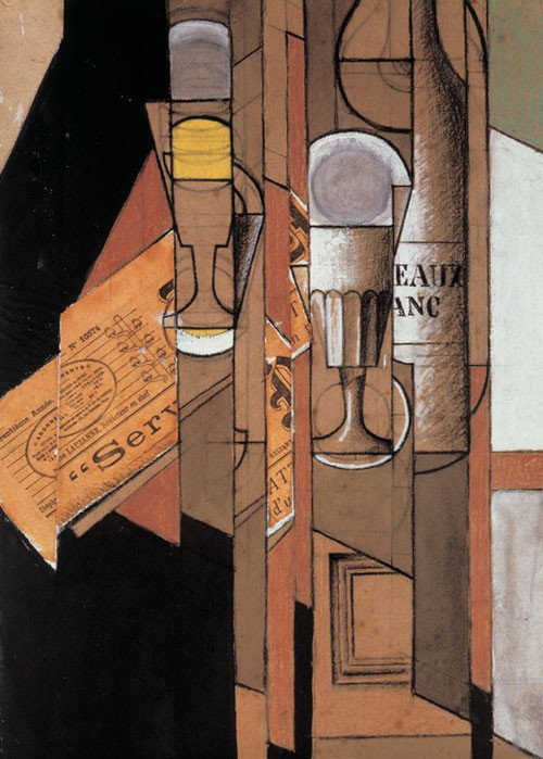 Juan GRIS. Verres, journal et bouteille de vin. 1913