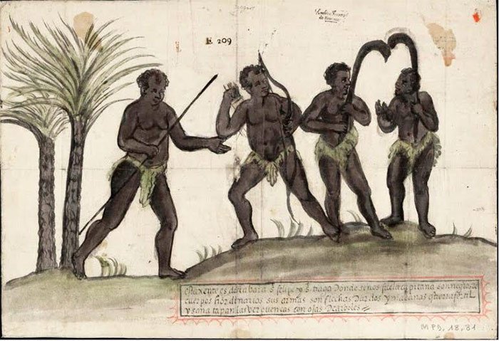 Dibujo de indígenas de Nuevas Hébridas, con su armamento. 1606. Archivo General de Simancas
