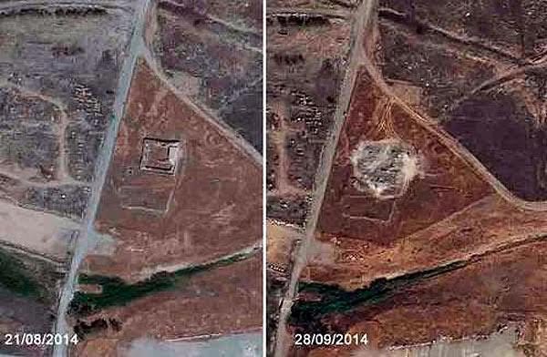 Imágenes anterior y posterior de la destrucción del monasterio de San Elías, cerca de Mosul, Irak, tomadas por satélite. Fuente UNITAR-UNOSAT/UNESCO