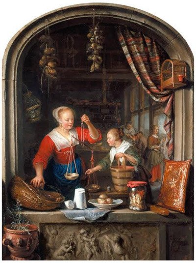 Gerrit Dou, Tienda de comestibles: una mujer que vende uvas, 1672. Royal Collection.