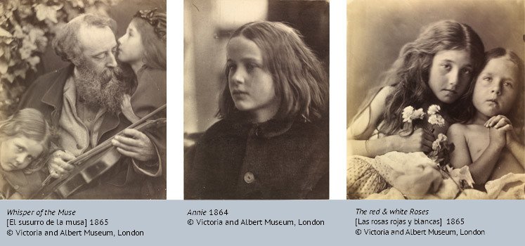 Whisper of the Muse (1865), Annie (1864) y The red and white Roses (1865). Julia Margaret Cameron. Victoria and Albert Museum.